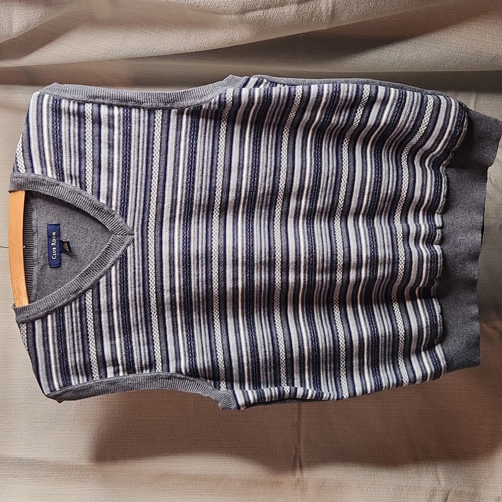 Club Room Mens Sweater Vest Sleeveless Pullover Stripe Gray Blue Size Large L